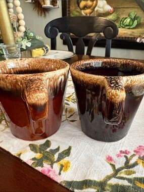 Set of 2 Vintage Brown Hull Oven Proof Glazed Ceramic Coffee Mugs USA Made